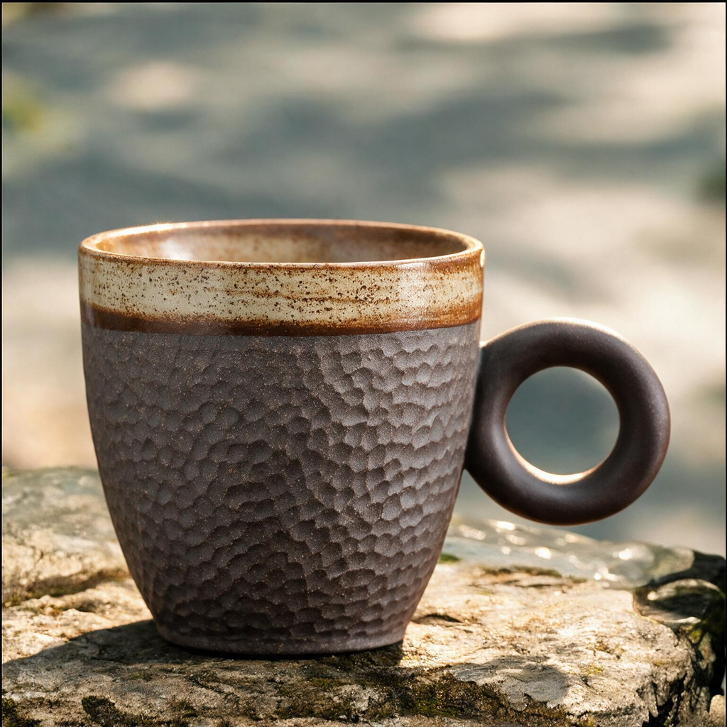 Artisanal Handcrafted Ceramic Coffee Mug – 8 oz Rustic Dark Brown Stoneware Cup with Hammered Texture & Ring Handle – Unique Pottery Tea Cup for Home & Office