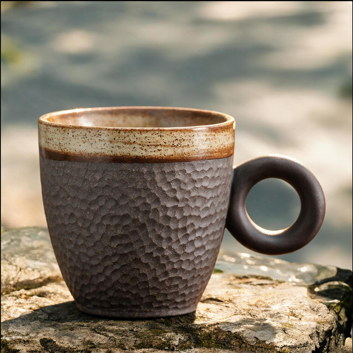 Artisanal Handcrafted Ceramic Coffee Mug – 8 oz Rustic Dark Brown Stoneware Cup with Hammered Texture & Ring Handle – Unique Pottery Tea Cup for Home & Office