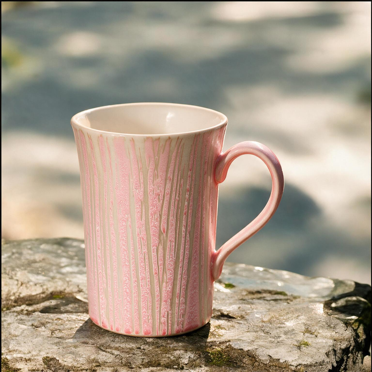 Artisanal Handcrafted Ceramic Coffee Mug – 10 oz Rustic Pink & Cream Vertical Drip Glaze Stoneware Cup with Tall Silhouette – Unique Pottery Tea Cup for Home & Office