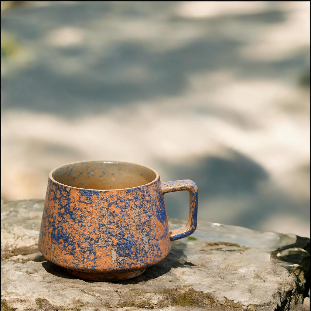 Artisanal Handcrafted Ceramic Coffee Mug – 10.5 oz Rustic Orange & Blue Reactive Glaze Stoneware Cup with Handle – Unique Pottery Tea Cup for Home & Office