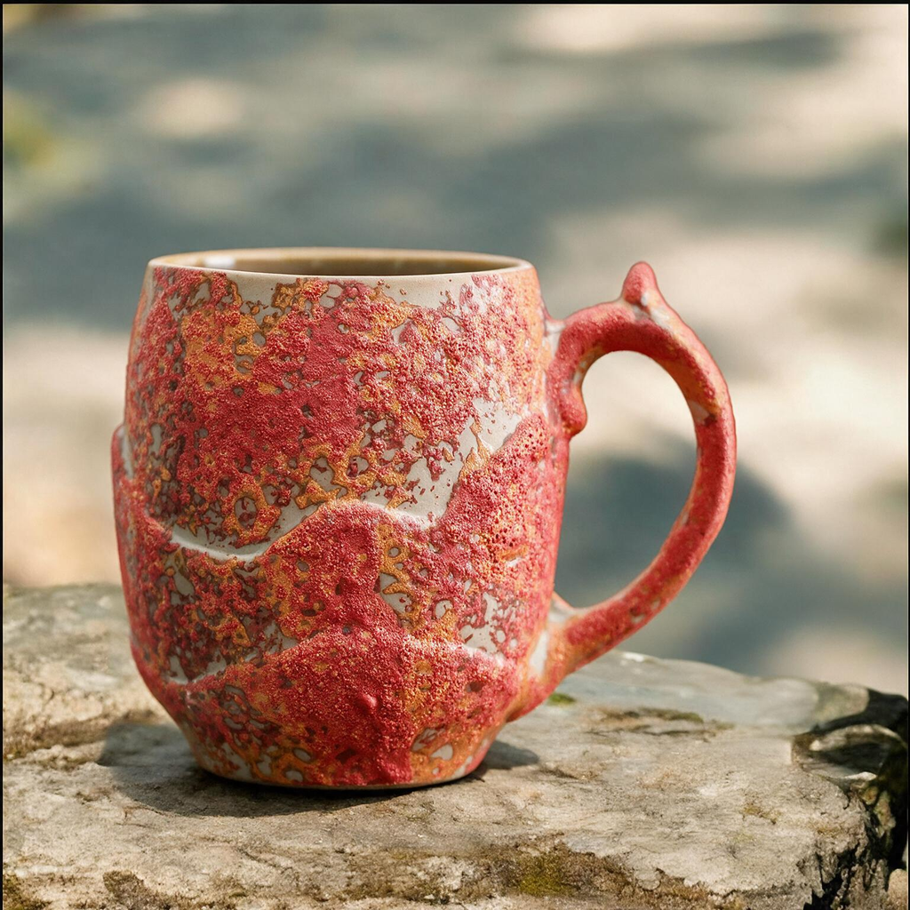 Artisanal Handcrafted Ceramic Coffee Mug – 9 oz Rustic Red & Orange Reactive Glaze Stoneware Cup with Sculpted Mountain Texture – Unique Pottery Tea Cup for Home & Office