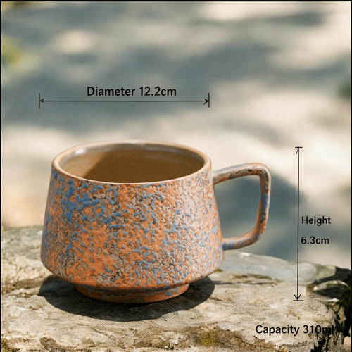Artisanal Handcrafted Ceramic Coffee Mug – 10.5 oz Rustic Orange & Blue Reactive Glaze Stoneware Cup with Handle – Unique Pottery Tea Cup for Home & Office