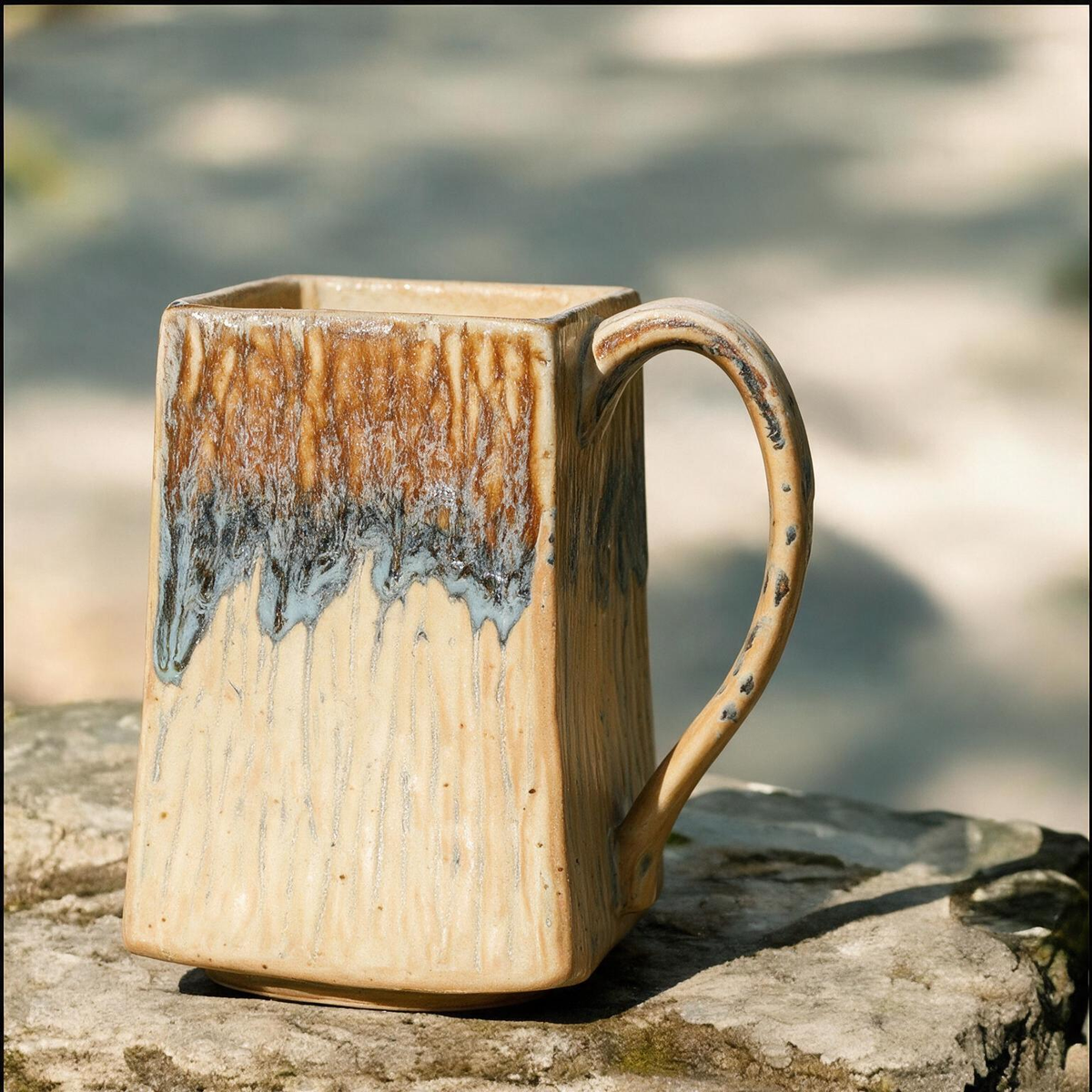Artisanal Handcrafted Ceramic Coffee Mug – 17 oz Rustic Yellow Drip Glaze Stoneware Cup with Vertical Texture – Large Square Pottery Tea Cup for Home & Office