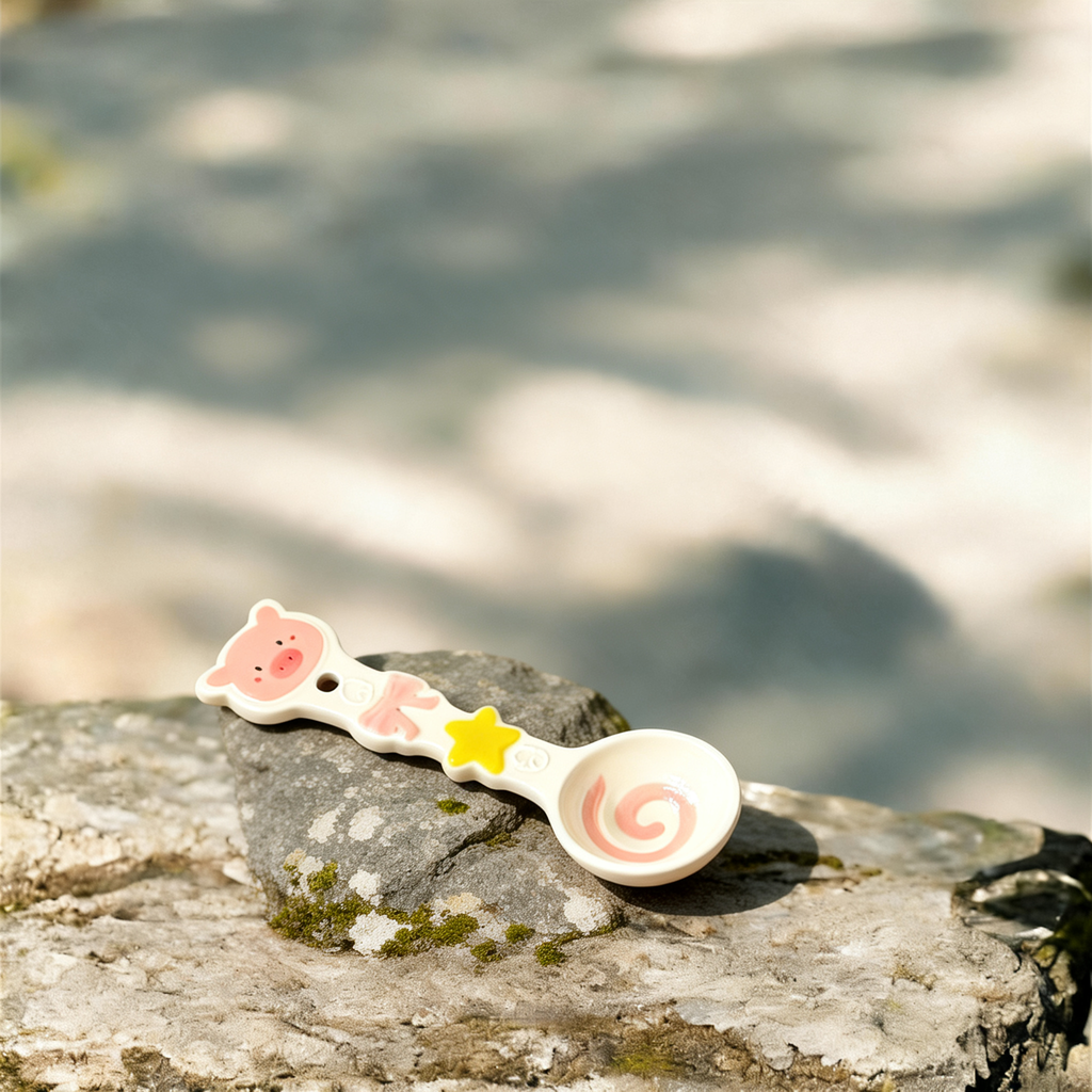 Cute Pig Ceramic Spoon - 16cm Kawaii Pink Dessert Spoon for Coffee, Tea, and Appetizers