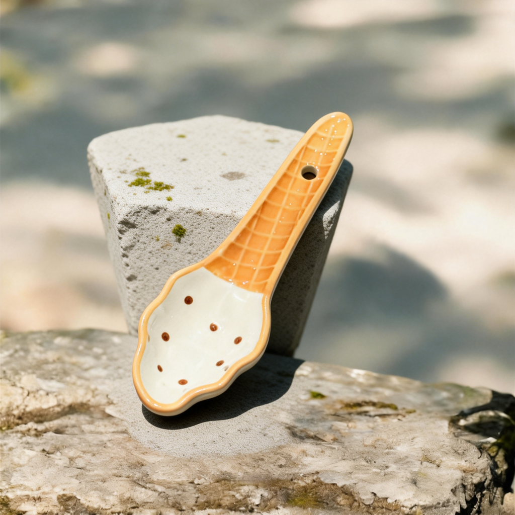 Cute Ice Cream Cone Ceramic Spoon - 16cm Kawaii Dessert Spoon for Coffee, Tea, and Appetizers