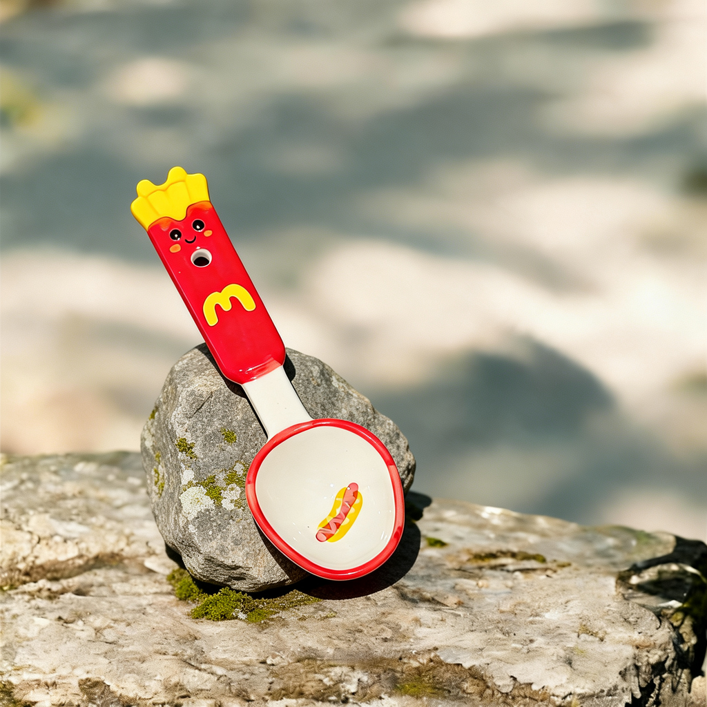 Cute French Fry Character Ceramic Spoon - 16cm Kawaii Fast Food Dessert Spoon for Coffee, Tea, and Appetizers