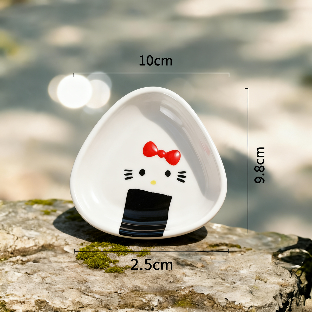 Cute Kitty Rice Ball Dish - 10cm Ceramic Onigiri Plate with Red Bow & Cat Face Design