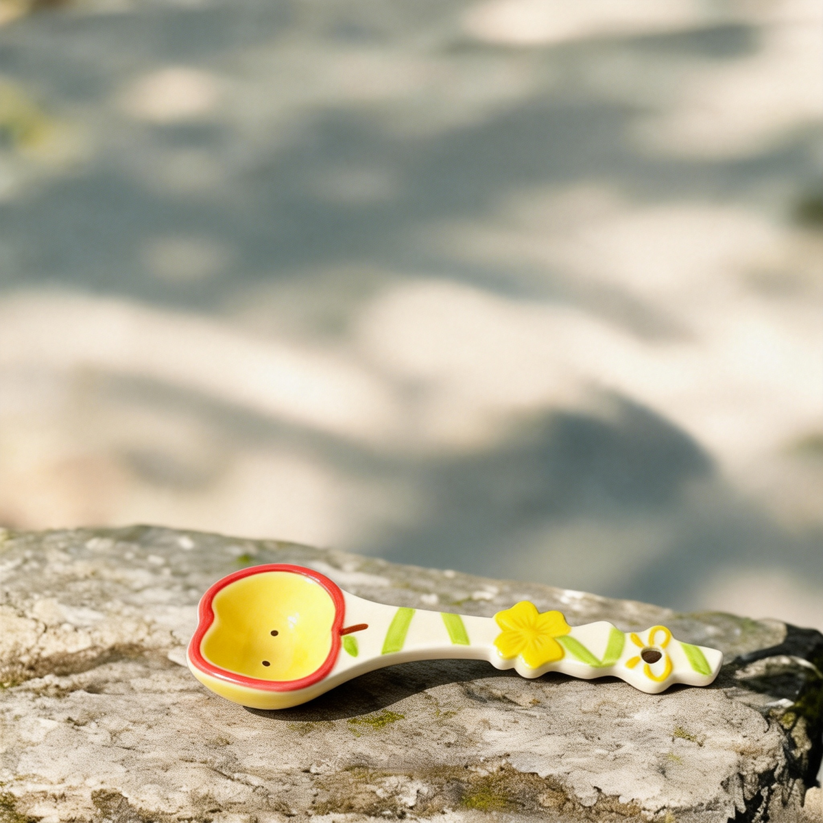 Cute Apple & Floral Ceramic Spoon - 16cm Kawaii Yellow Dessert Spoon for Coffee, Tea, and Appetizers