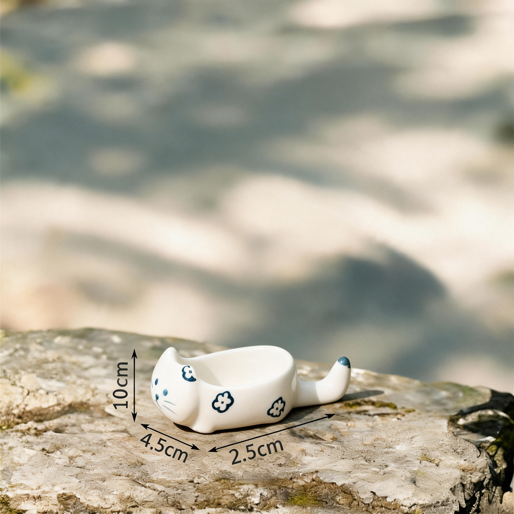Cute Cat Ceramic Spoon Rest - 10cm Kawaii Blue Floral Kitten Utensil Holder for Kitchen Counter & Stove Top