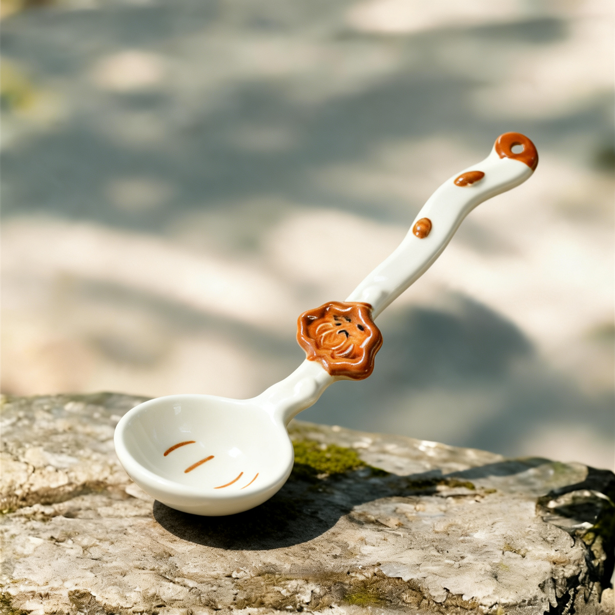 Elegant Ceramic Spoon with Amber Flower Detail - 17cm White Porcelain Dessert Spoon for Coffee, Tea, and Appetizers