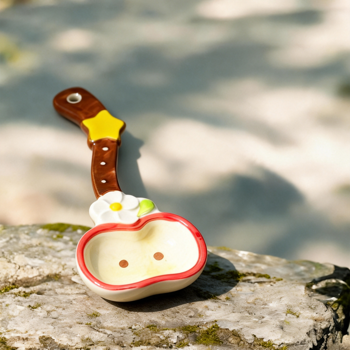 Cute Flower & Star Ceramic Spoon - 16cm Kawaii Brown Dessert Spoon for Coffee, Tea, and Appetizers