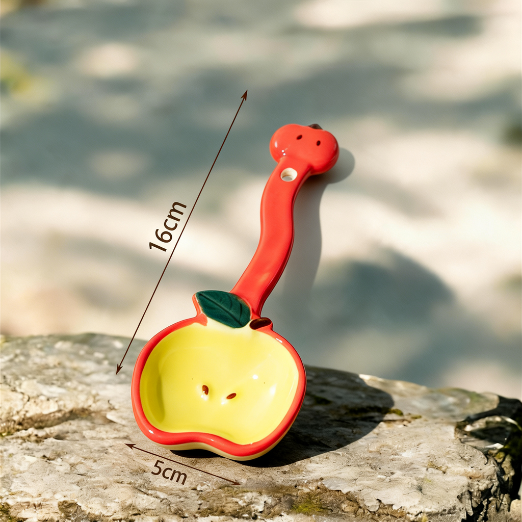 Cute Apple Shaped Ceramic Spoon - 16cm Kawaii Fruit Design Dessert Spoon for Coffee, Tea, and Appetizers
