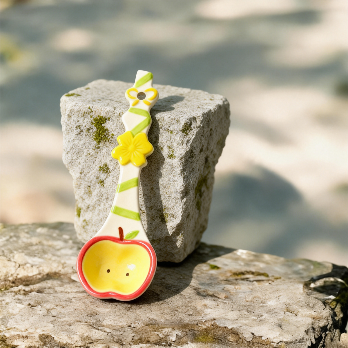 Cute Apple & Floral Ceramic Spoon - 16cm Kawaii Yellow Dessert Spoon for Coffee, Tea, and Appetizers