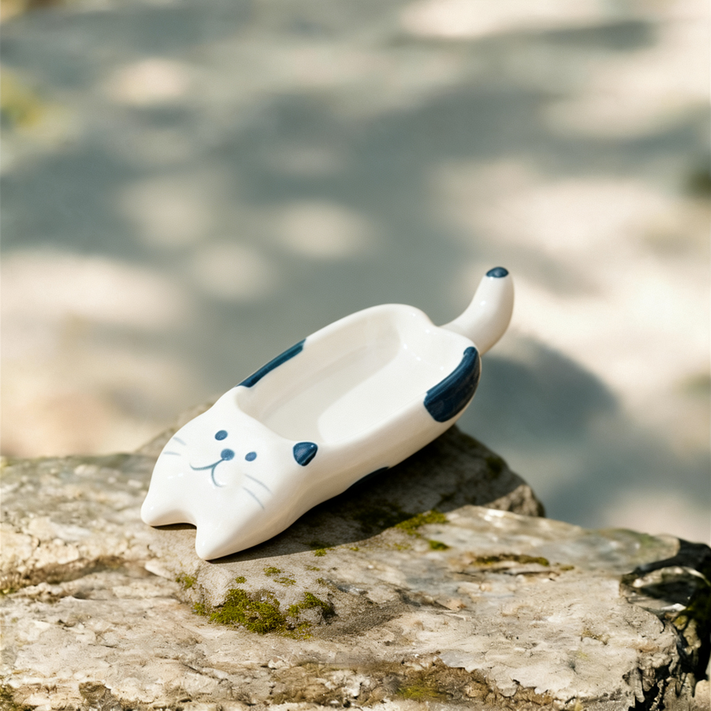 Cute Cat Ceramic Spoon Rest - 13.5cm Kawaii Blue & White Kitten Utensil Holder for Kitchen Counter & Stove Top