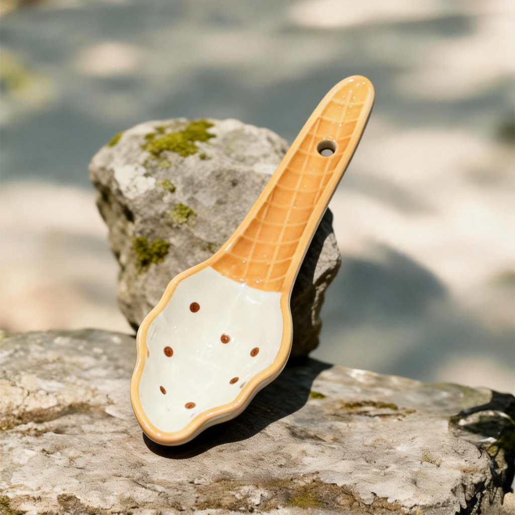 Cute Ice Cream Cone Ceramic Spoon - 16cm Kawaii Dessert Spoon for Coffee, Tea, and Appetizers