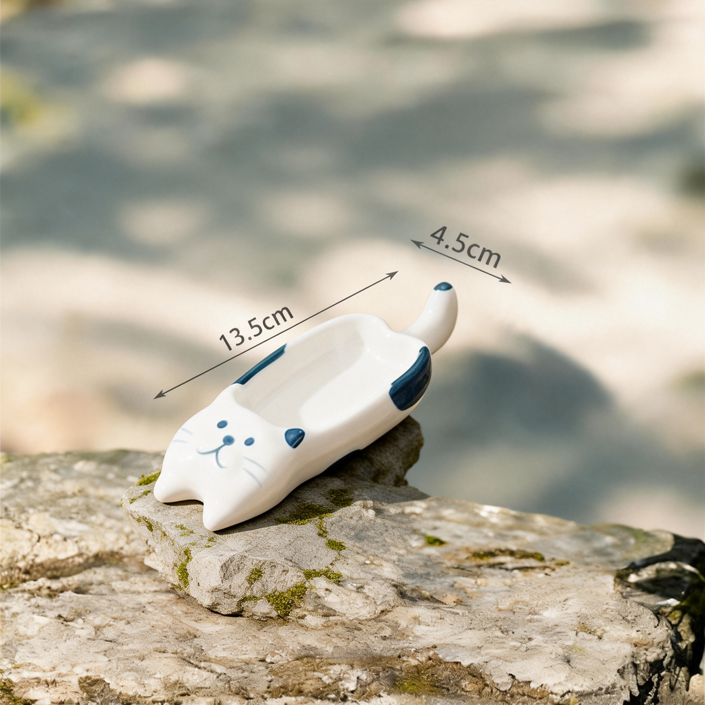 Cute Cat Ceramic Spoon Rest - 13.5cm Kawaii Blue & White Kitten Utensil Holder for Kitchen Counter & Stove Top