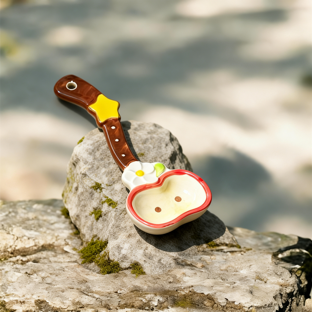 Cute Flower & Star Ceramic Spoon - 16cm Kawaii Brown Dessert Spoon for Coffee, Tea, and Appetizers