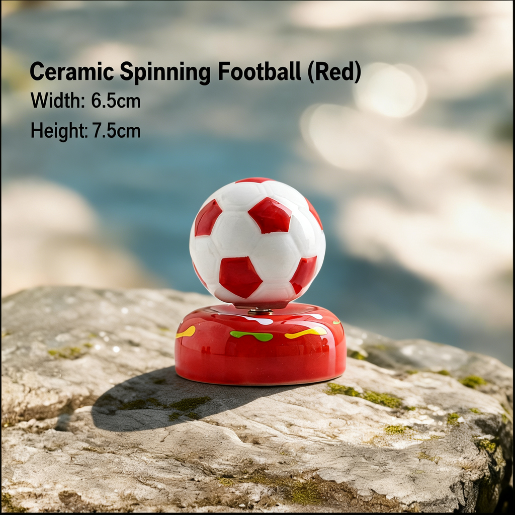 Ceramic Rotating Soccer Ball Figurine – Red & White Spinning Football Desk Toy & Sports Decor