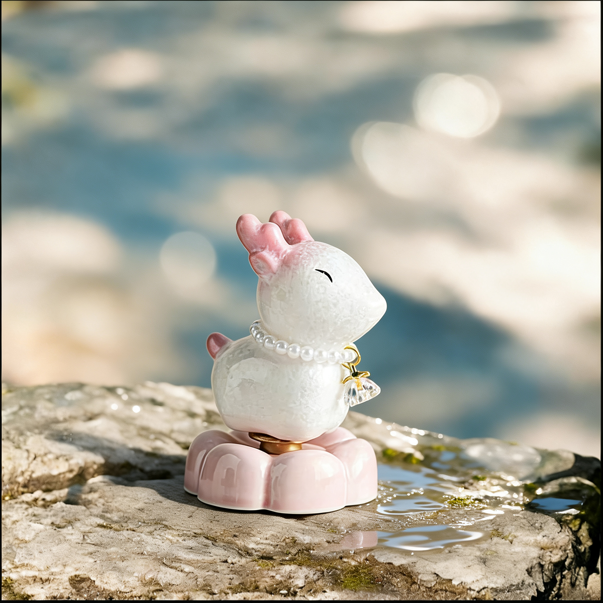 Ceramic Rotating Deer Figurine – Cute Pink Fawn with Pearl Necklace & Pink Lotus Base  Option 2 (Catchy & Engaging):