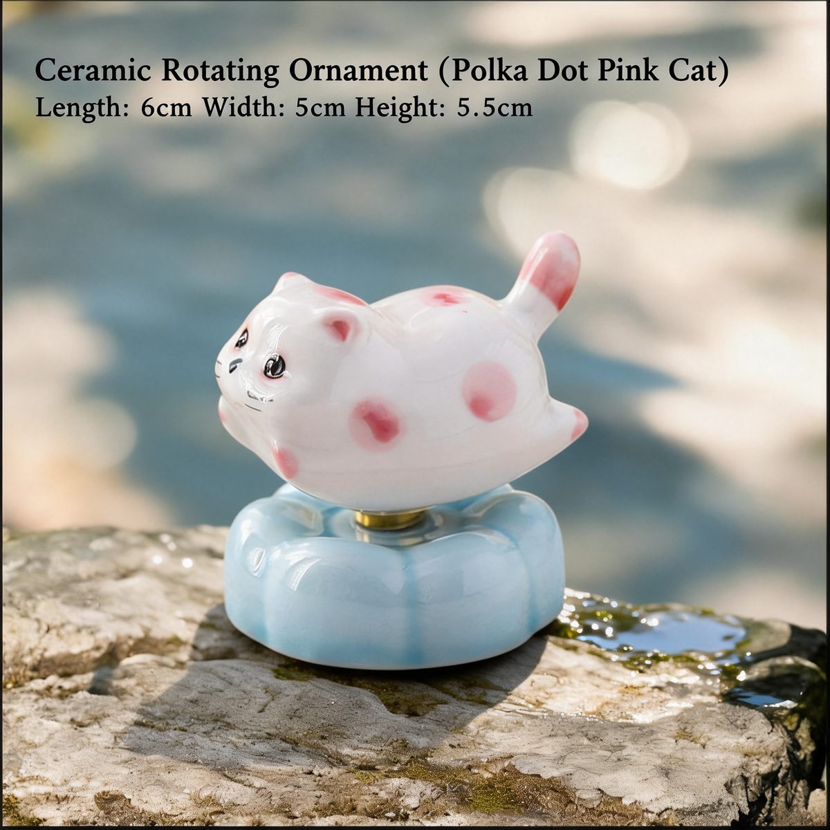 Ceramic Rotating Cat Figurine – Cute Pink Polka Dot Kitten Desk Toy on Light Blue Base