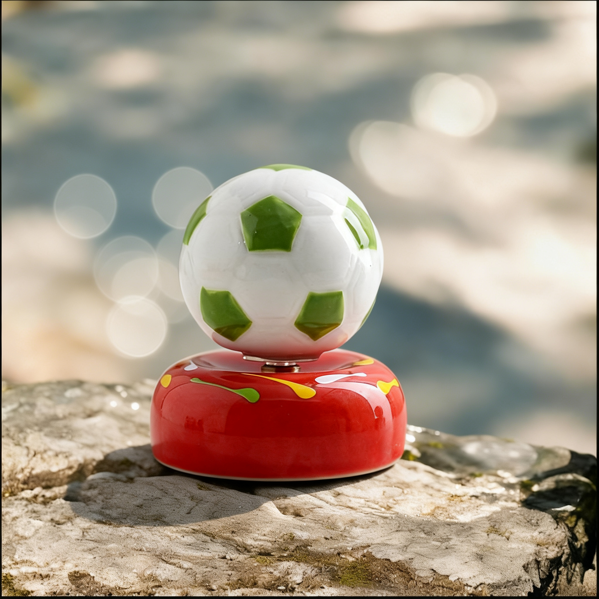 Ceramic Rotating Soccer Ball Figurine – Green & White Spinning Football Desk Toy on Red Base