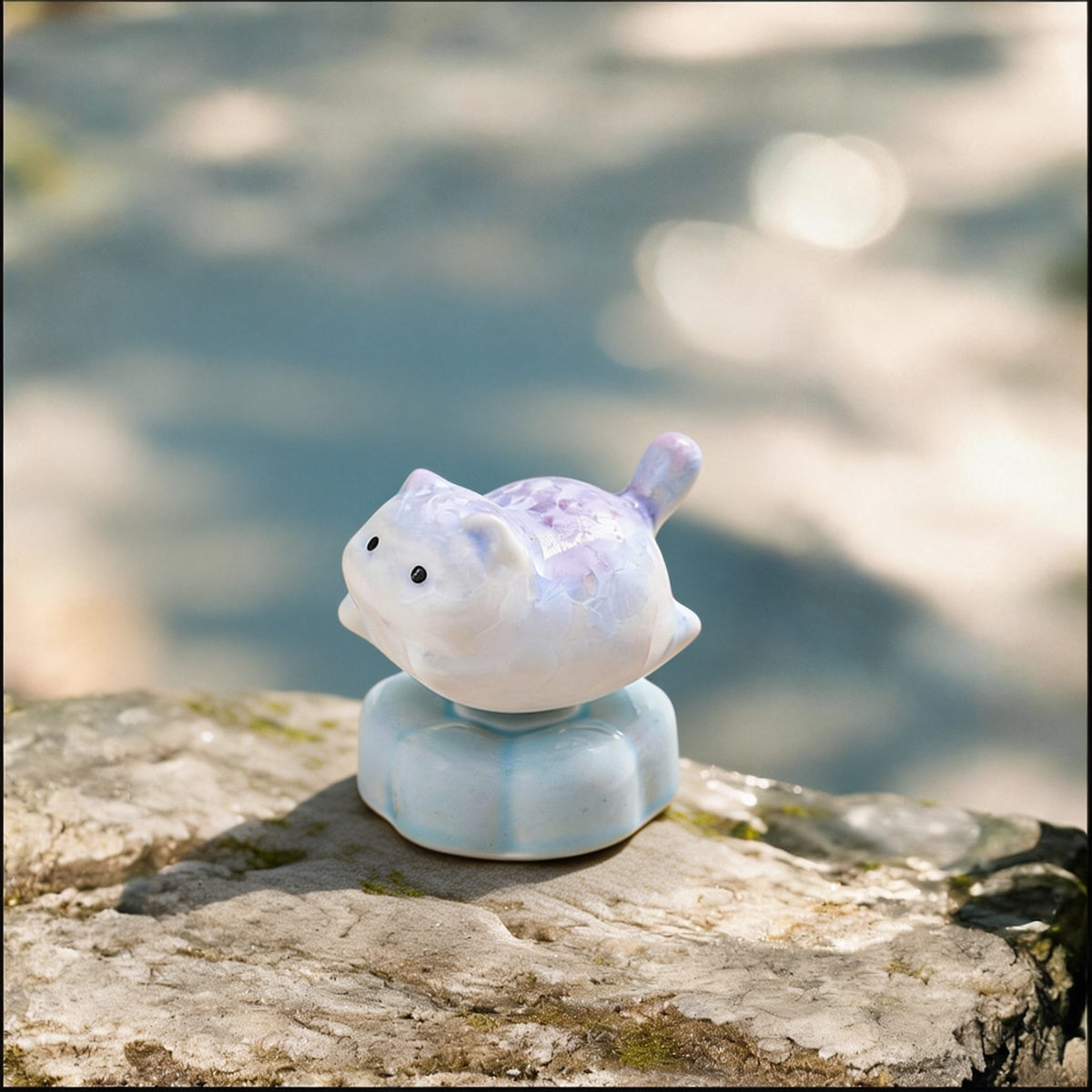 Ceramic Rotating Flying Pig Figurine – Iridescent Pearl White Piggy Desk Toy on Light Blue Lotus Base