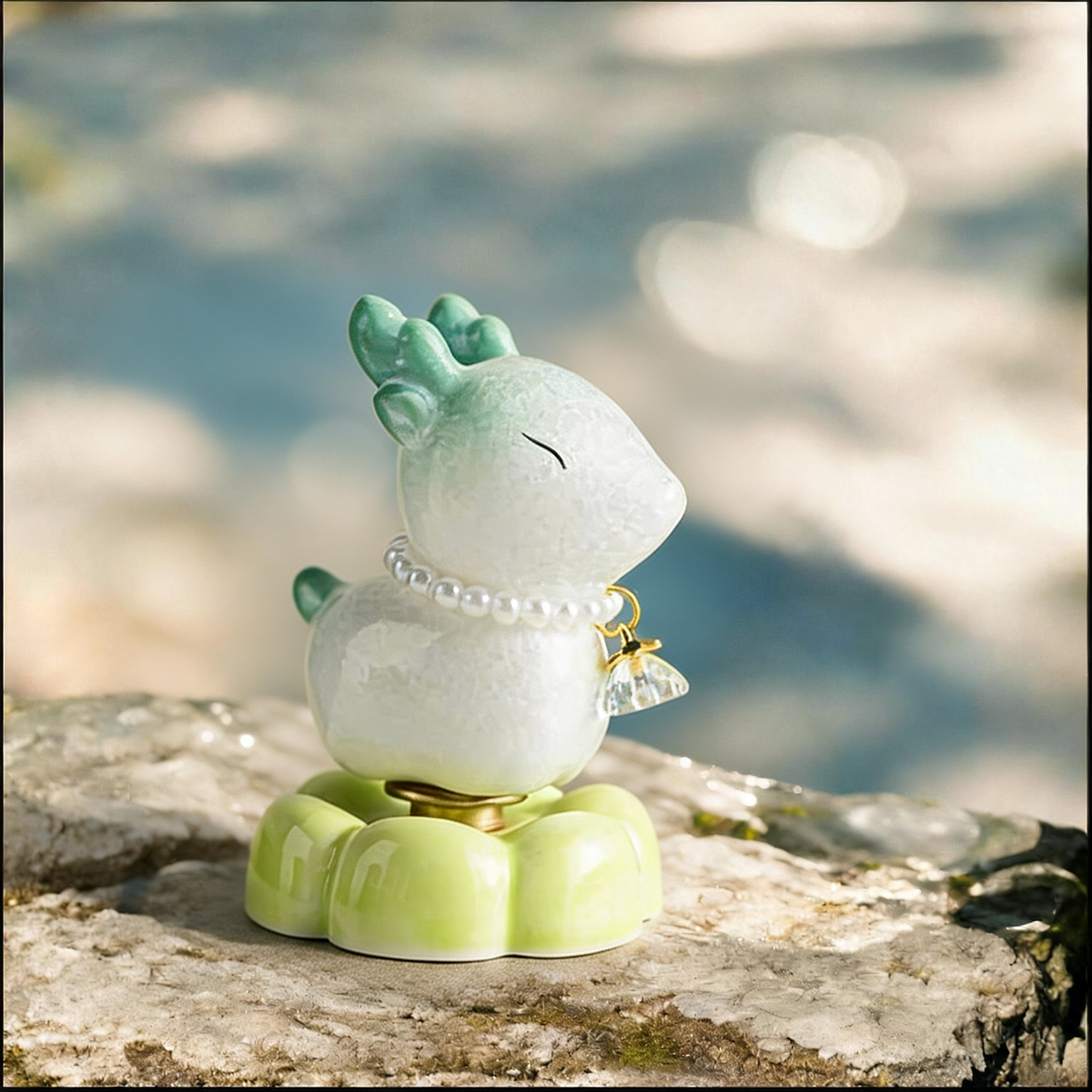 Ceramic Rotating Deer Figurine – Cute Mint Green Fawn with Pearl Necklace & Lime Lotus Base