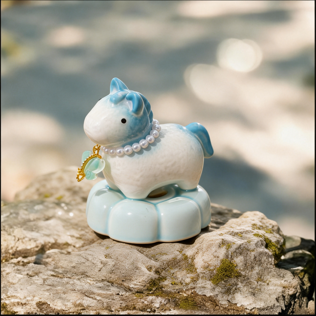 Crystal Glaze Rotating Horse Figurine – Cute Ceramic Pony with Blue Mane, Pearl Collar & Light Blue Lotus Base