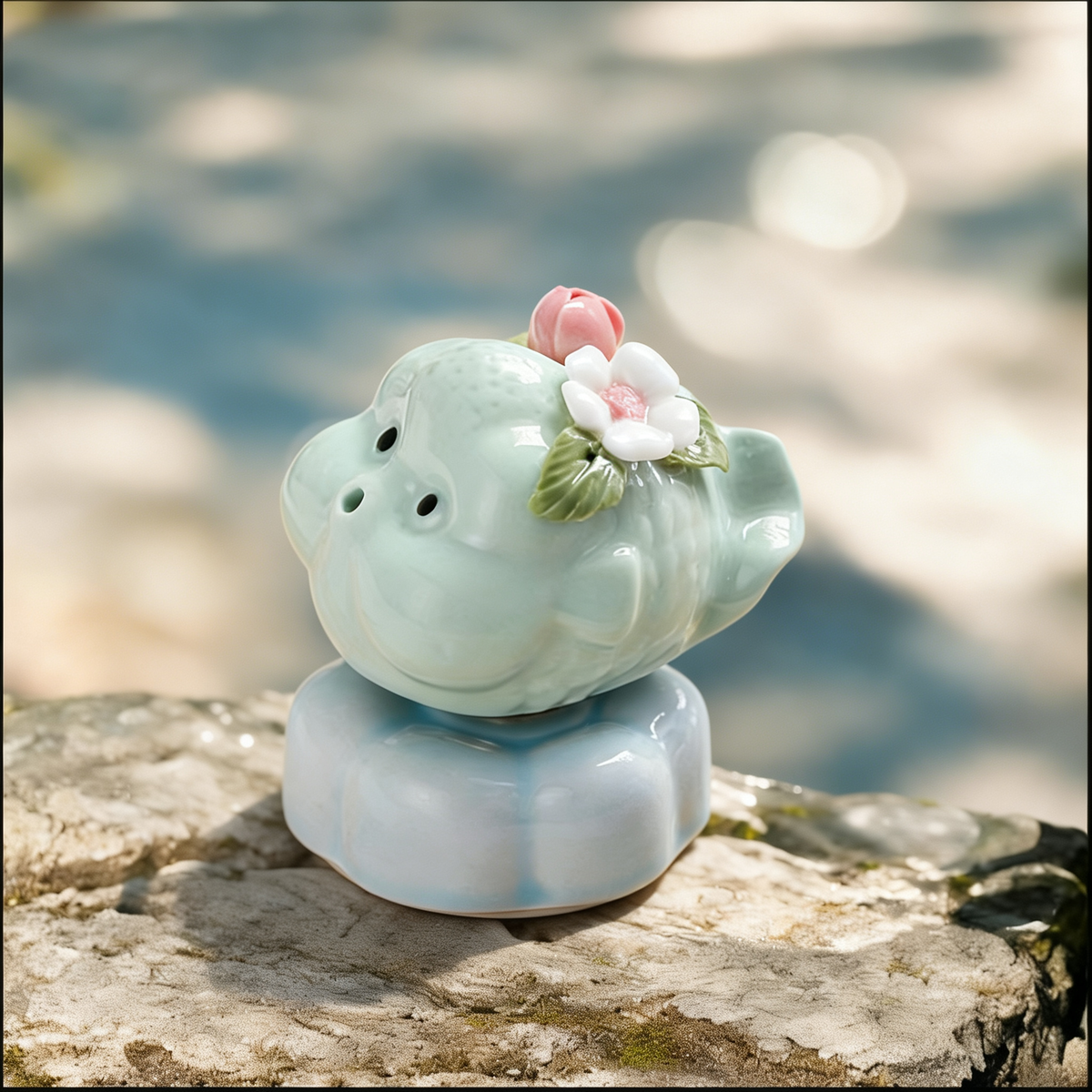 Ceramic Rotating Pig Figurine – Cute Mint Green Piggy with Pink & White Floral Crown on Light Blue Lotus Base