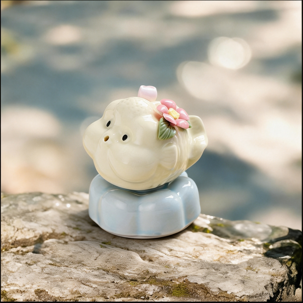 Ceramic Rotating Pig Figurine – Cute Cream Piggy with Pink Floral Crown on Light Blue Lotus Base