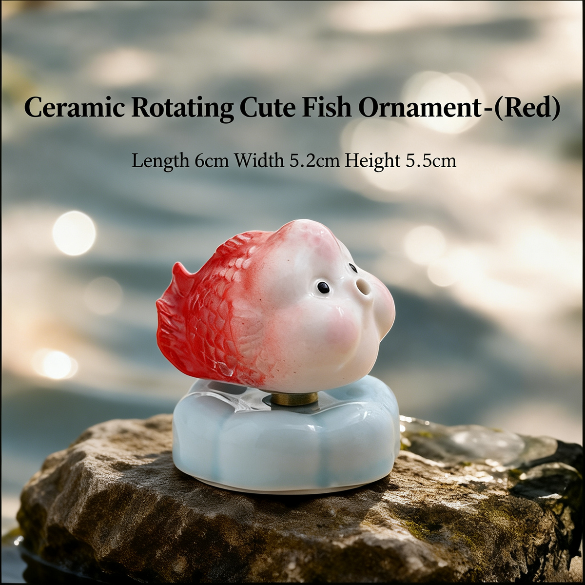 Ceramic Rotating Fish Figurine – Cute Red Spinning Goldfish Desk Toy on Light Blue Base