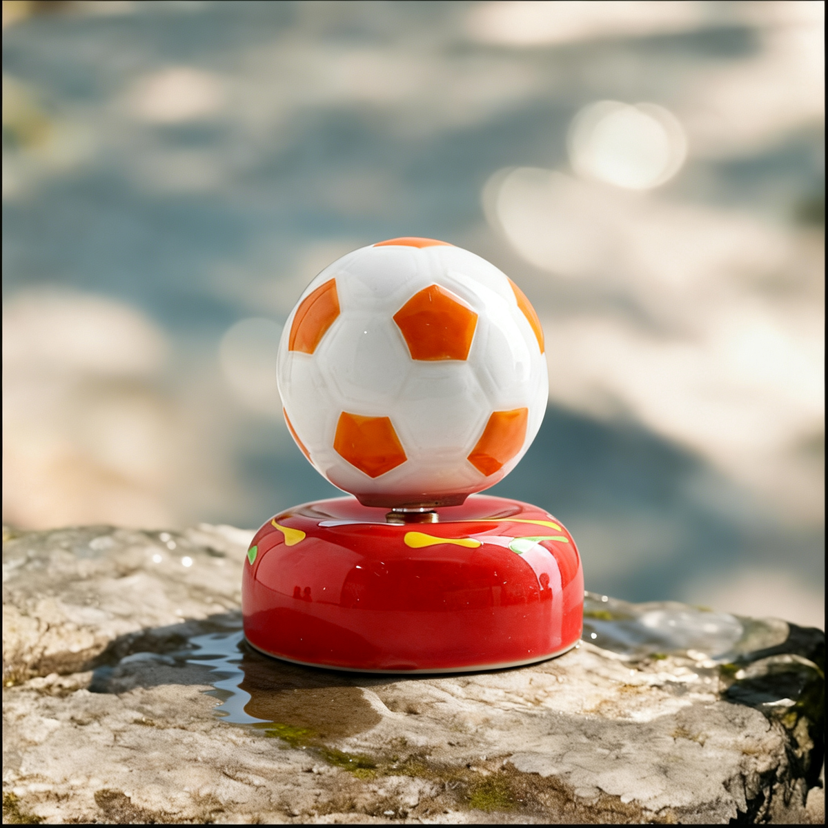 Ceramic Rotating Soccer Ball Figurine – Orange & White Spinning Football Desk Toy on Red Base