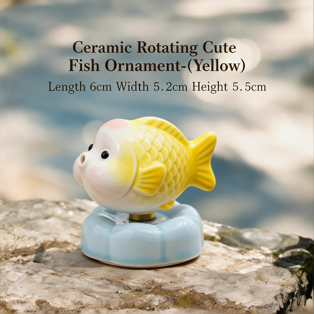 Ceramic Rotating Fish Figurine – Cute Yellow Spinning Goldfish Desk Toy on Light Blue Base