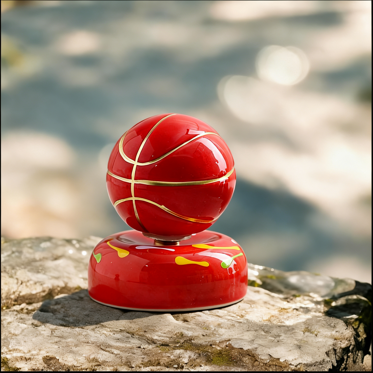 Ceramic Rotating Basketball Figurine – Red & Gold Spinning Basketball Desk Toy & Sports Decor