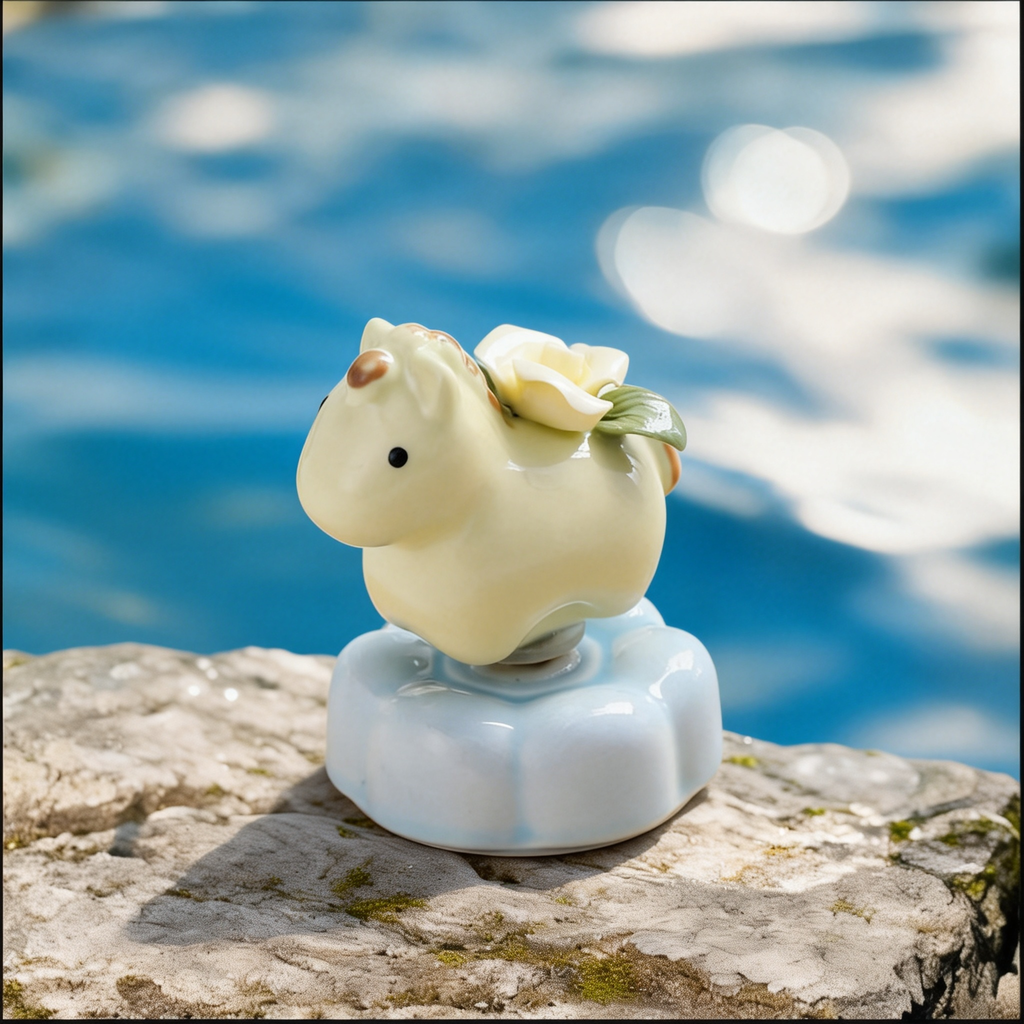 Ceramic Rotating Horse Figurine – Cute Pale Yellow Pony with Sculpted Flower Saddle & Blue Lotus Base