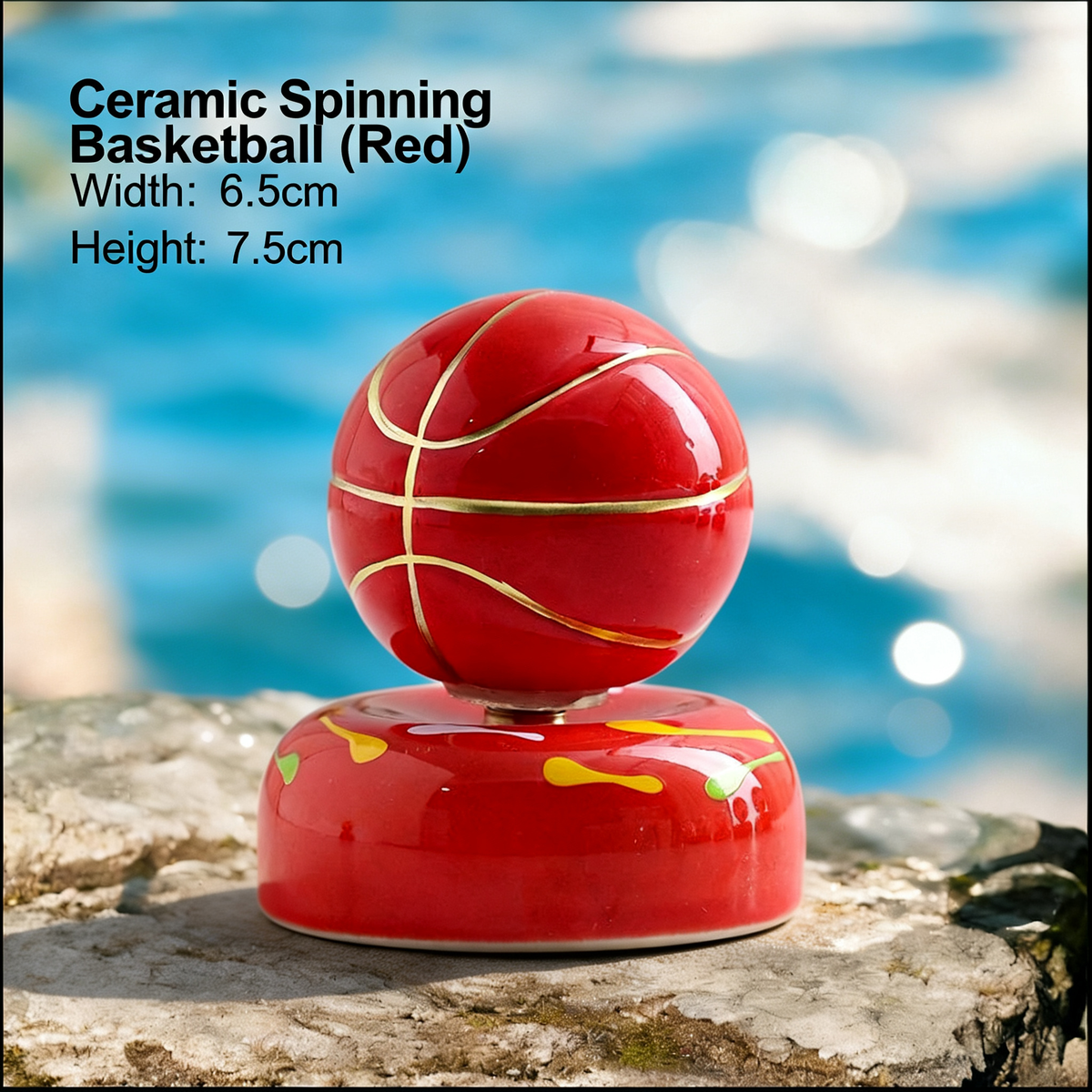 Ceramic Rotating Basketball Figurine – Red & Gold Spinning Basketball Desk Toy & Sports Decor