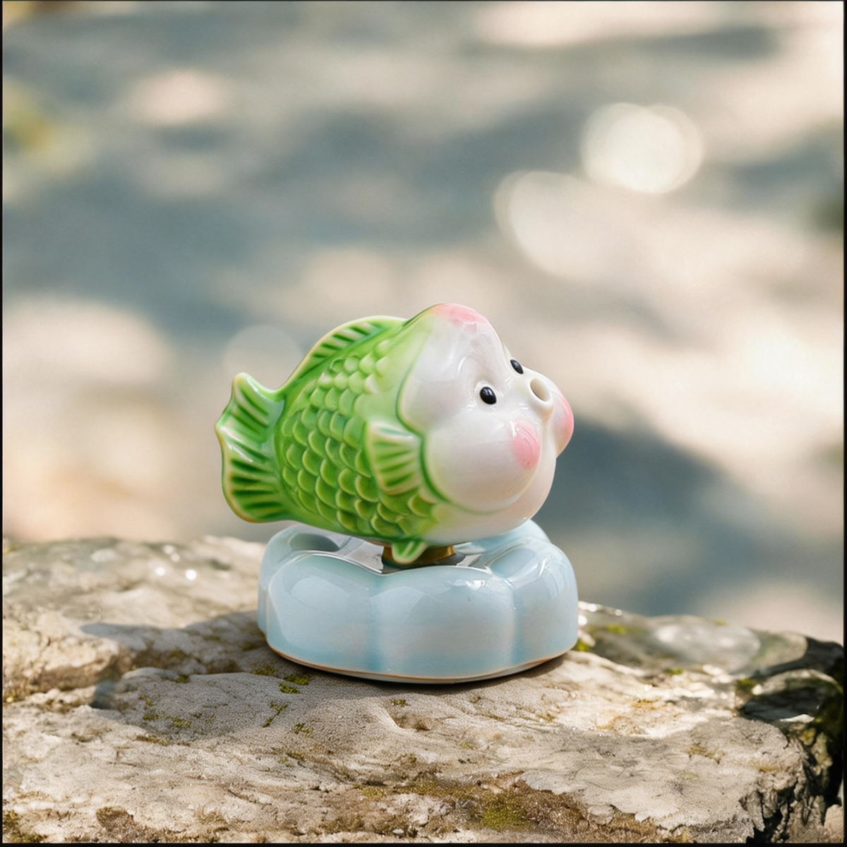 Ceramic Rotating Fish Figurine – Cute Green Spinning Goldfish Desk Toy on Light Blue Base