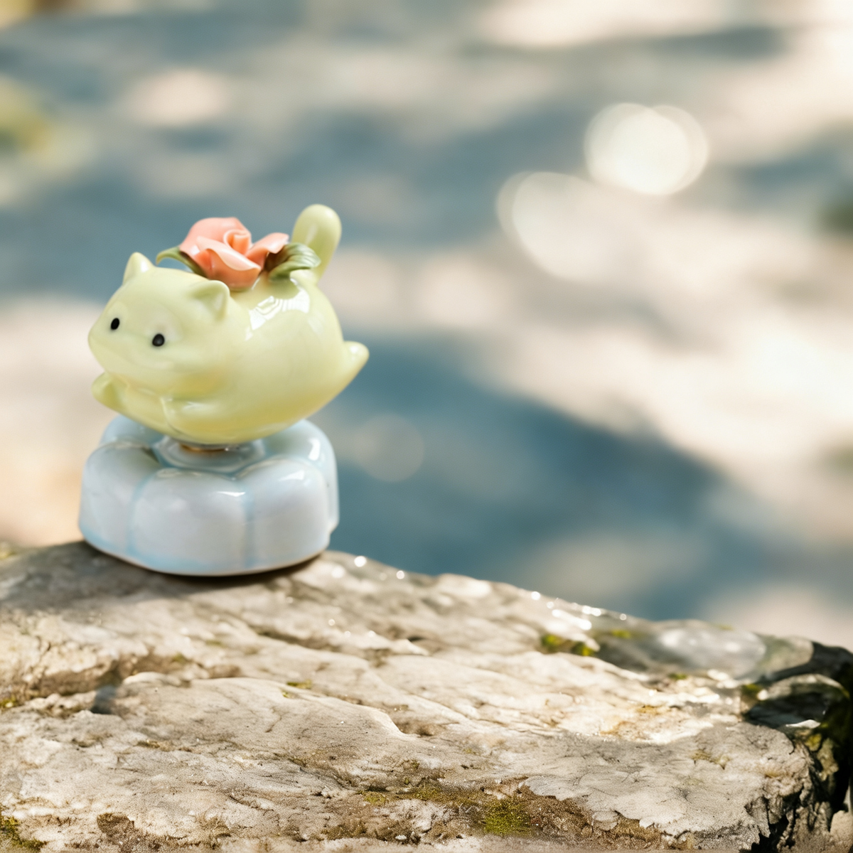 Ceramic Rotating Flying Pig Figurine – Cute Pastel Green Piggy with Coral Floral Detail & Light Blue Lotus Base