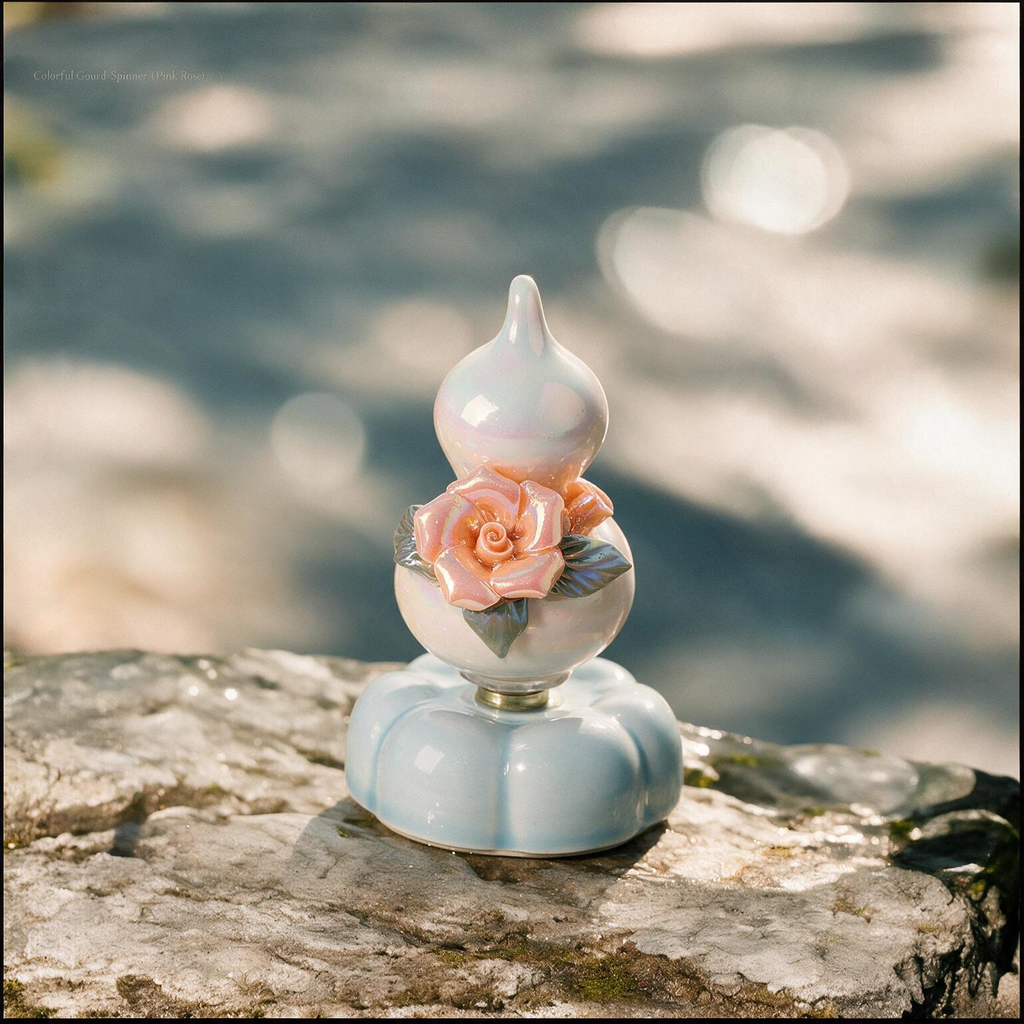 Iridescent Ceramic Rotating Gourd Figurine – Peach Rose Wu Lou with Pearl Luster & Light Blue Base