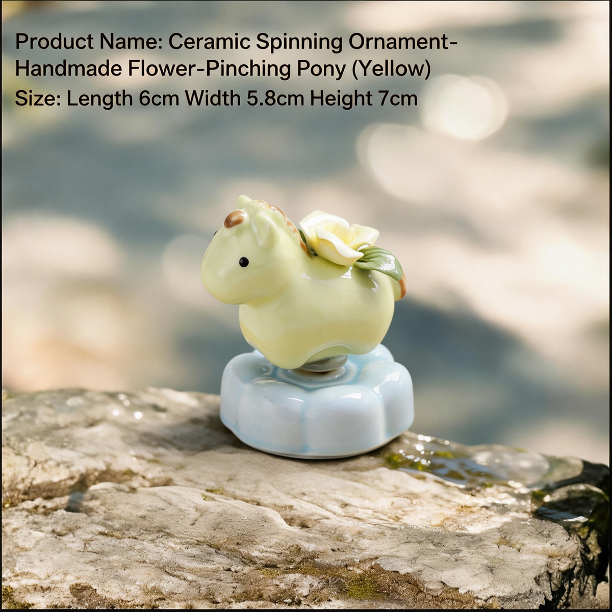 Ceramic Rotating Horse Figurine – Cute Pale Yellow Pony with Sculpted Flower Saddle & Blue Lotus Base