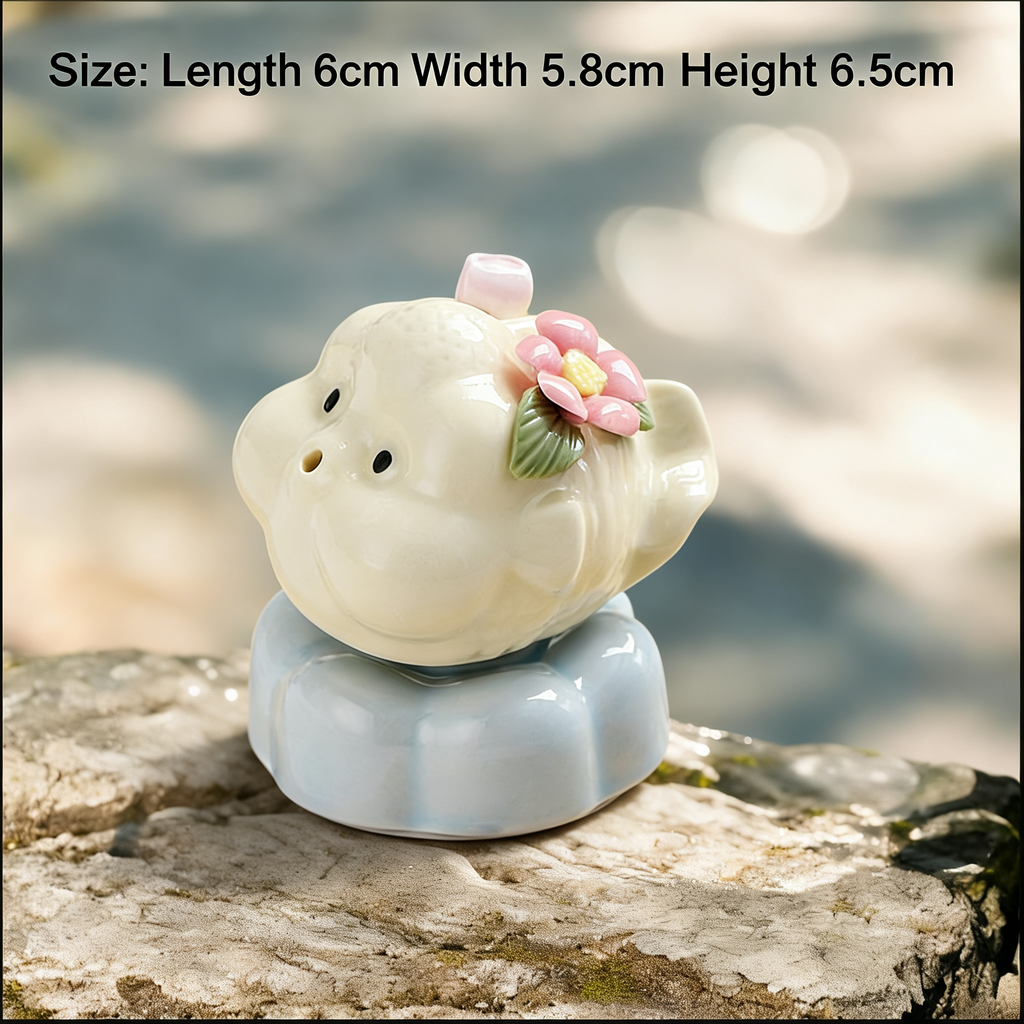 Ceramic Rotating Pig Figurine – Cute Cream Piggy with Pink Floral Crown on Light Blue Lotus Base