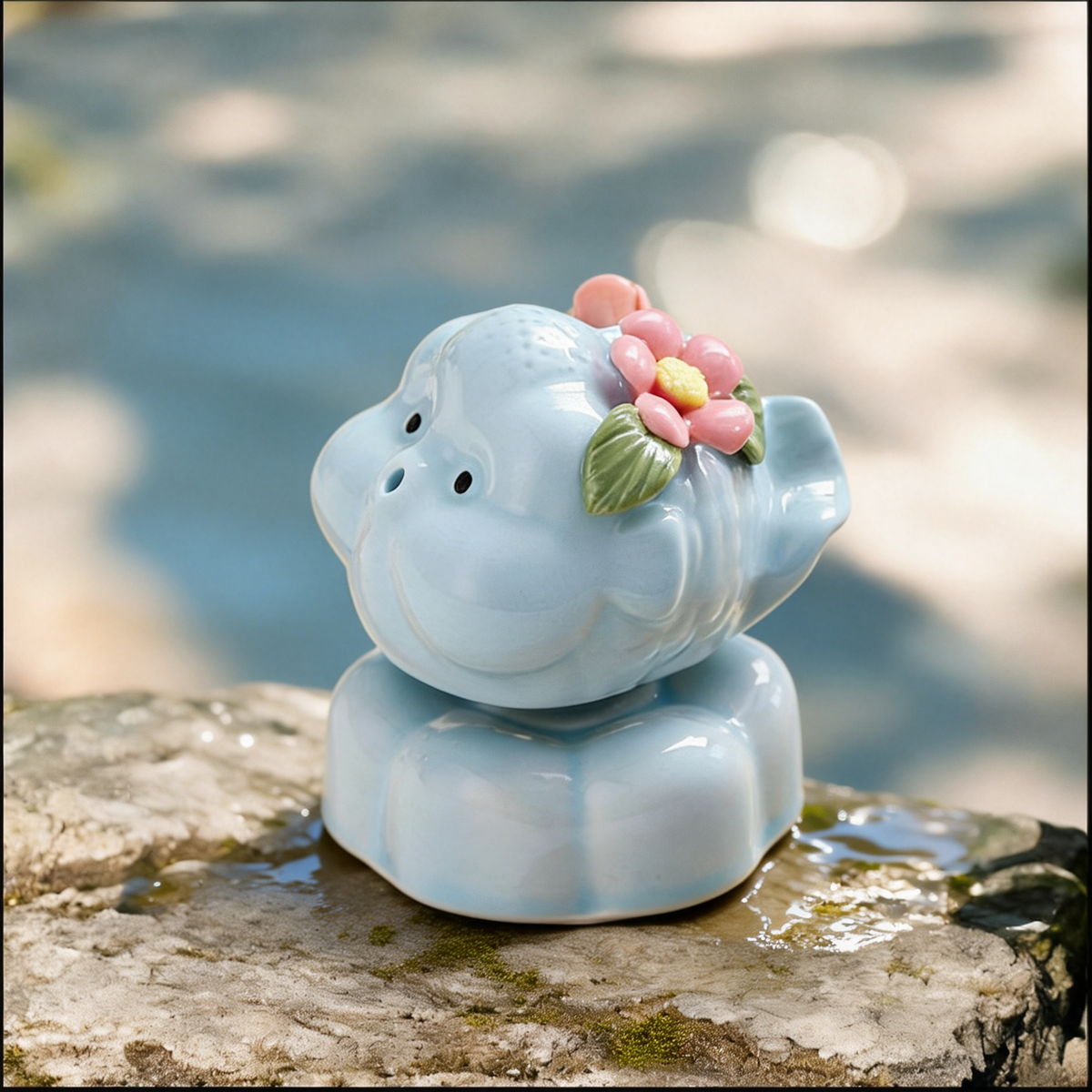 Ceramic Rotating Pig Figurine – Cute Chubby Blue Piggy with Pink Floral Crown on Light Blue Lotus Base