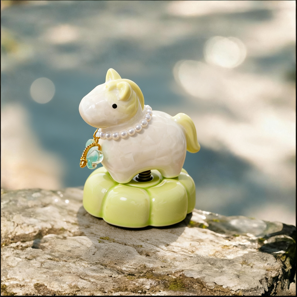 Crystal Glaze Rotating Horse Figurine – Cute Ceramic Pony with Yellow Mane, Pearl Collar & Green Lotus Base