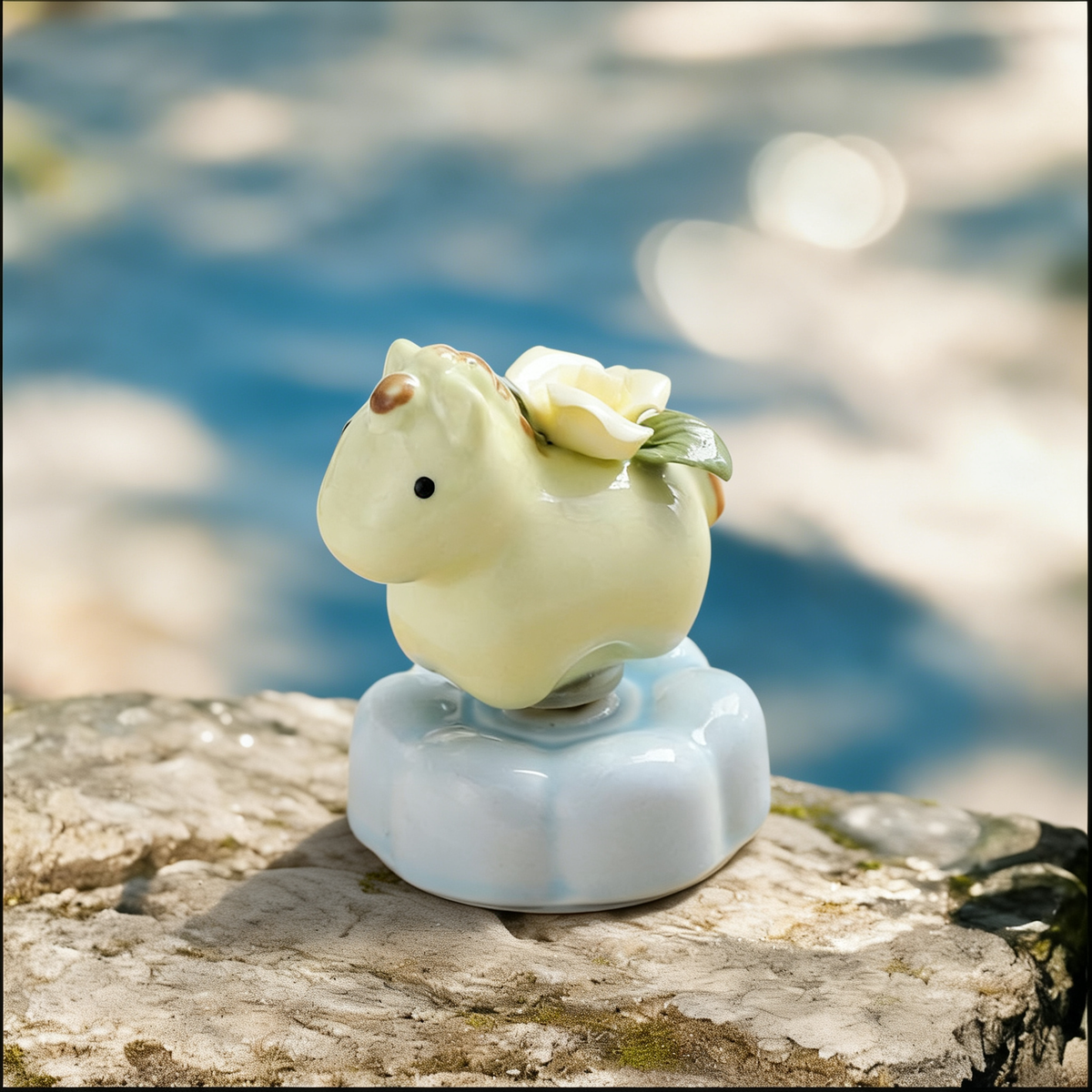 Ceramic Rotating Horse Figurine – Cute Pale Yellow Pony with Sculpted Flower Saddle & Blue Lotus Base