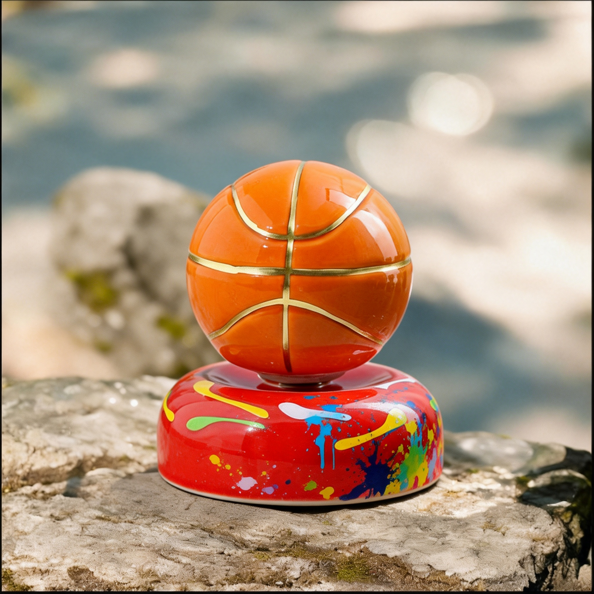 Ceramic Rotating Basketball Figurine – Classic Orange & Gold Spinning Basketball Desk Toy & Sports Decor
