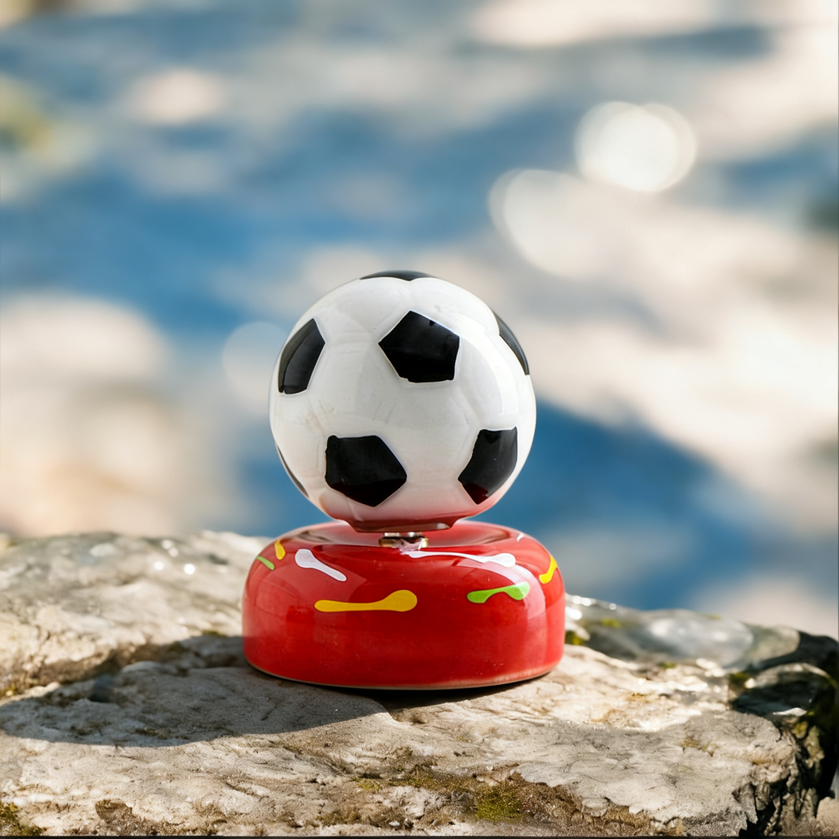 Ceramic Rotating Soccer Ball Figurine – Classic Black & White Spinning Football Desk Toy on Red Base