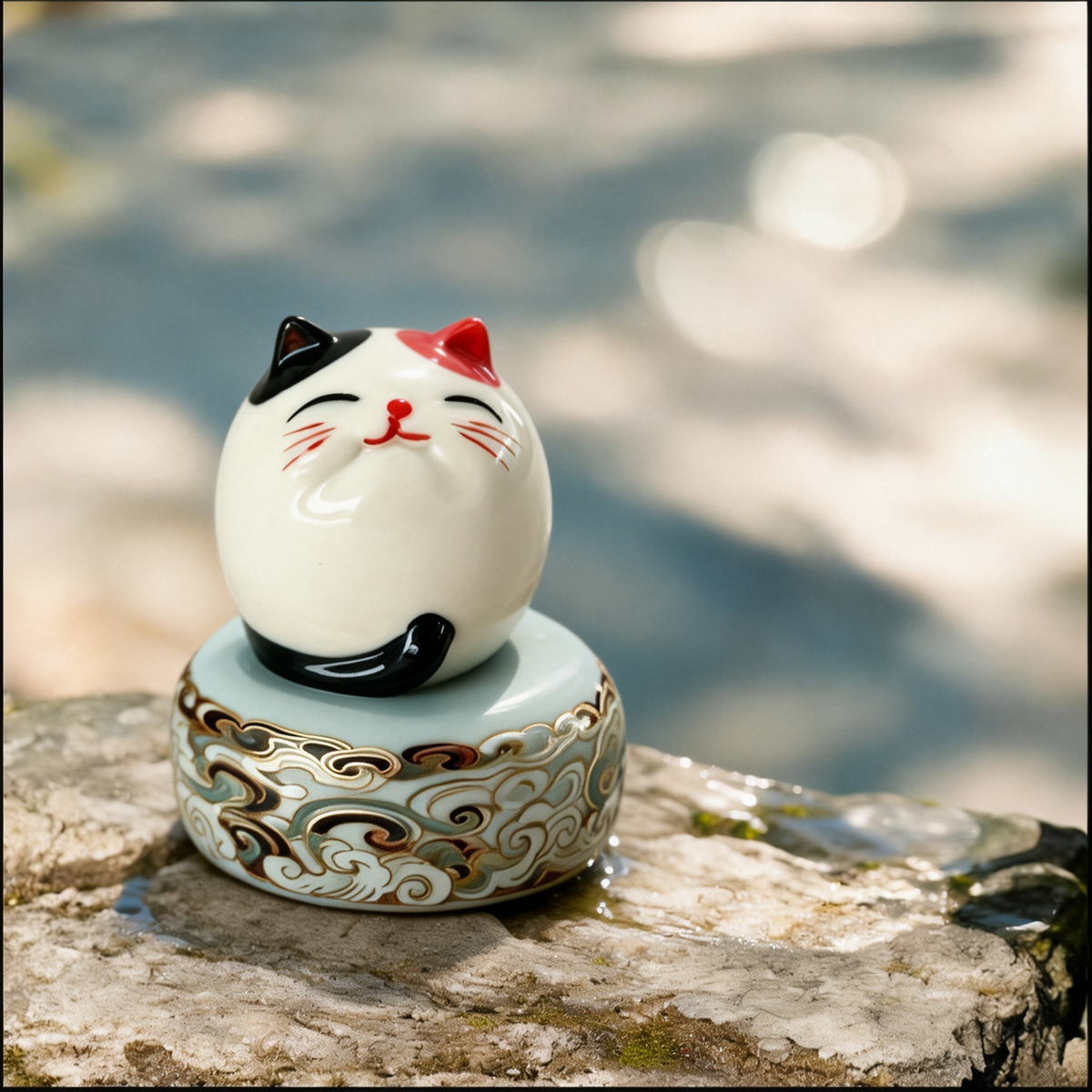 Ceramic Rotating Cat Figurine – Cute Calico Lucky Cat on Ornate Cloud Pattern Base