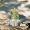Iridescent Ceramic Rotating Gourd Figurine – Green Rose Wu Lou with Pearl Luster & Light Blue Base