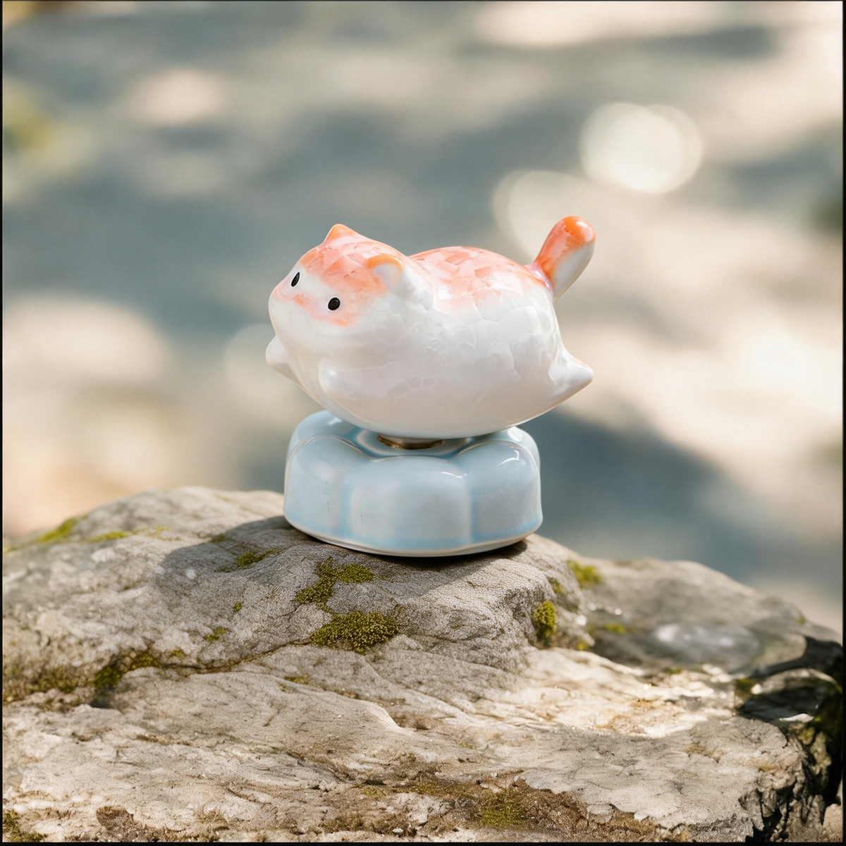 Ceramic Rotating Flying Pig Figurine – Cute Orange & White Piggy Desk Toy on Light Blue Lotus Base