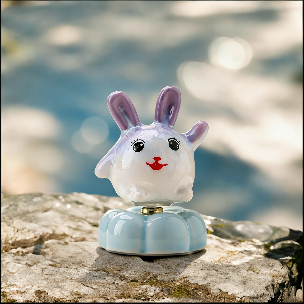 Ceramic Rotating Rabbit Figurine – Cute Purple Bunny with Red Nose on Light Blue Lotus Base